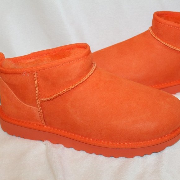 NIB UGG WOMEN'S ULTRA MINI SUEDE SHEARLING ANKLE WINTER BOOTS SODA ORANGE - Picture 2 of 7